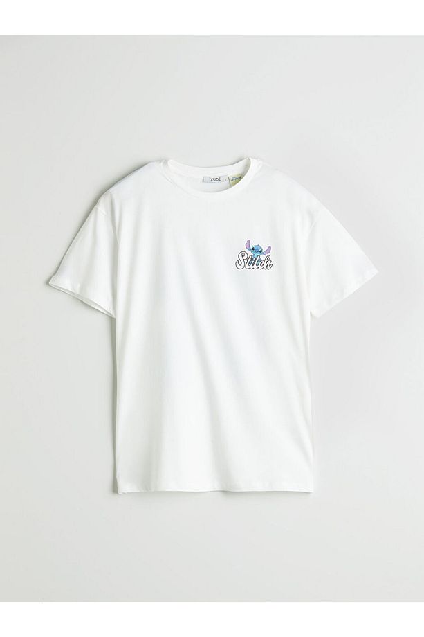 XSIDE Ekru Bisiklet Yaka Lilo & Stitch Baskılı Kadın Tişört - 6