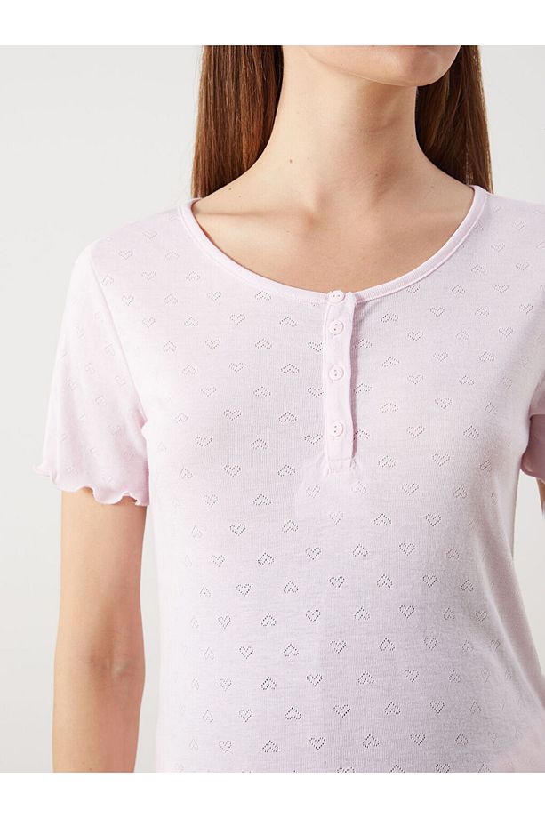 Bisiklet Yaka Kalp Desenli Hamile Şortlu Pijama Takımı - 3