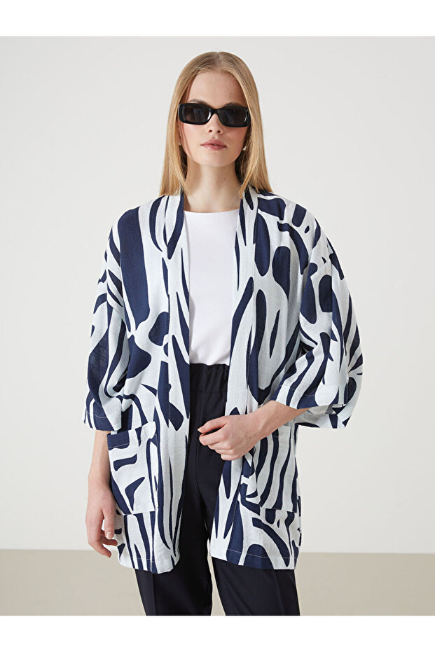 Navy Blue Shawl Collar Patterned Linen Look Women's Kimono