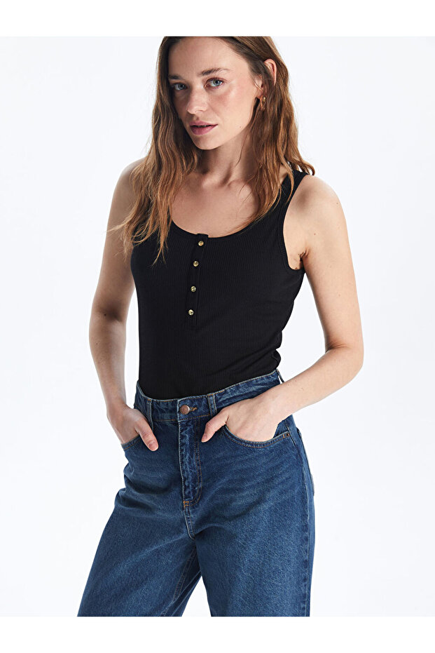 Black U-Neck Textured Women's Undershirt