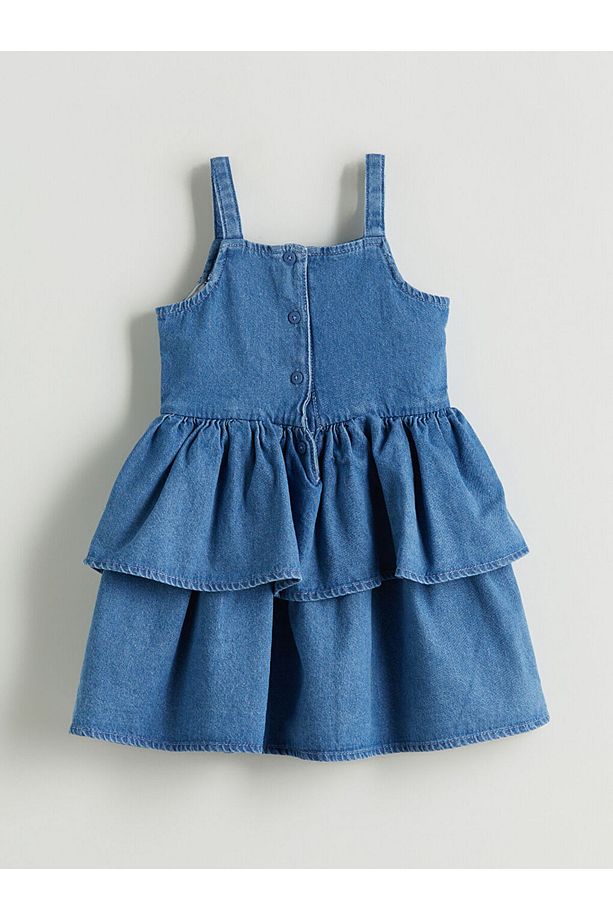 Çiçek Aplikeli Kız Çocuk Jean Elbise - 3