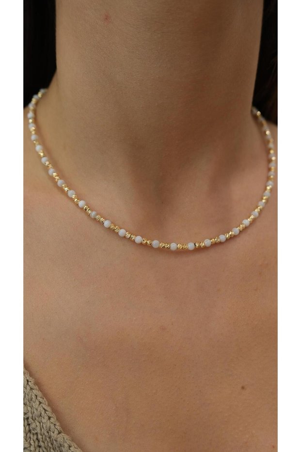Mini White Bead Necklace with Gold Dorika Detail