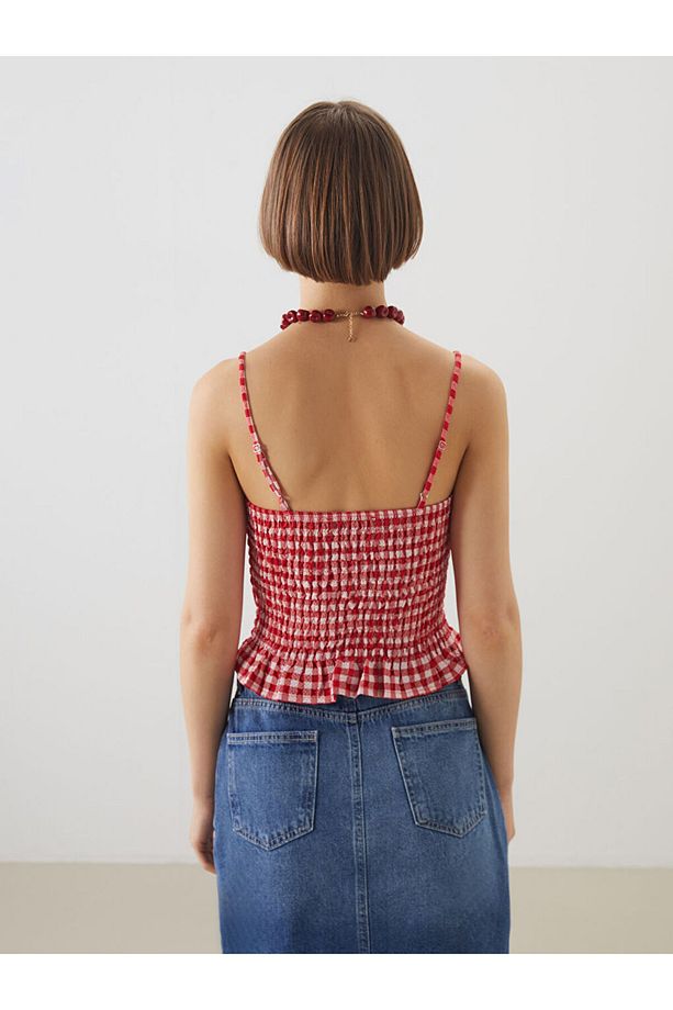 XSIDE Kirmizi Kare Yaka Ekose Crop Bluz - 4