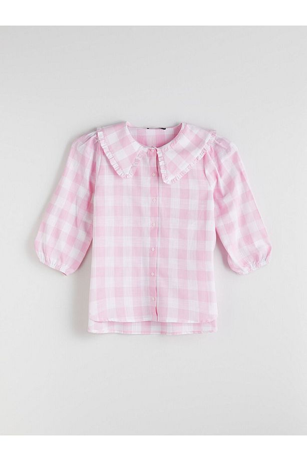 Bebe Yaka Ekose Oversize Kadın Gömlek - 5