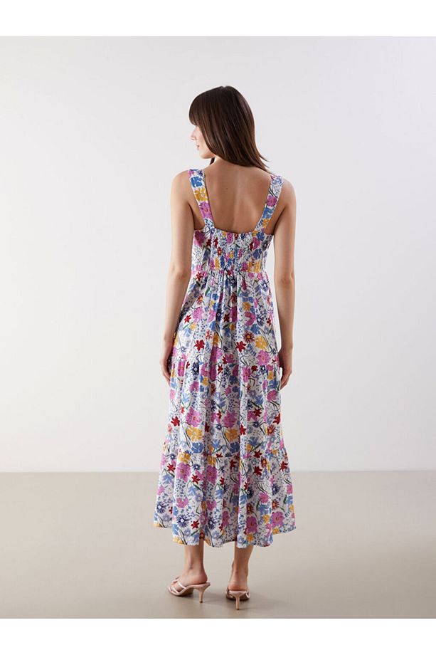 Yeni Sezon Kare Yaka Cicekli Poplin Elbise - S5MT39Z8 - 4
