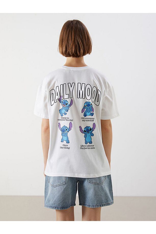 XSIDE Ekru Bisiklet Yaka Lilo & Stitch Baskılı Kadın Tişört - 5