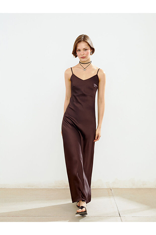 Xside Brown V-Neck Satin Dress