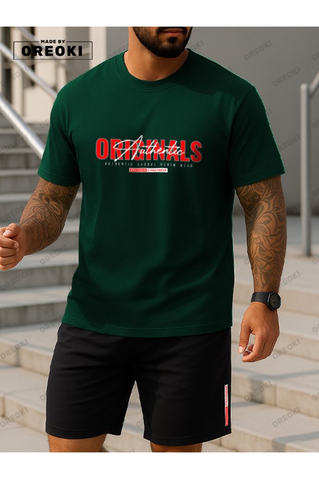 Original Streetwear Printed Cotton Fabric Men's Forest Green T-Shirt-Black Shorts Set