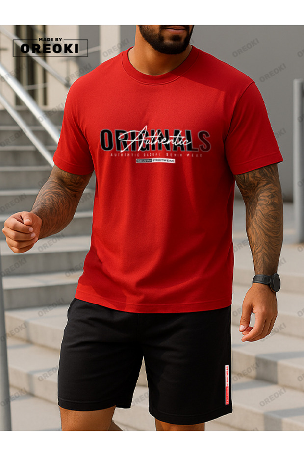 Original Streetwear Printed Cotton Fabric Men's Red T-Shirt-Black Shorts Set