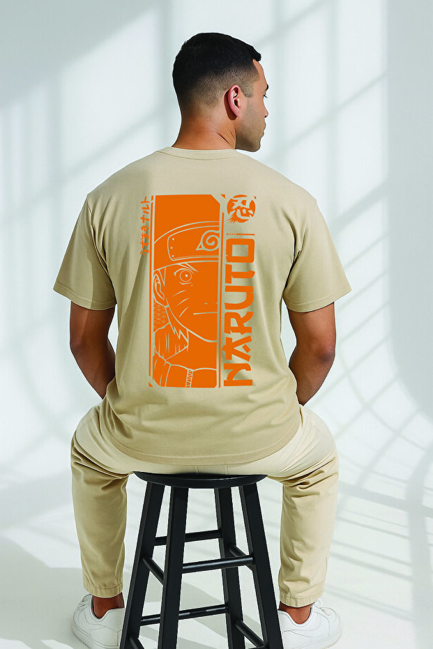 Lenithra Naruto Anime Back Printed Unisex Oversize Beige T-Shirt