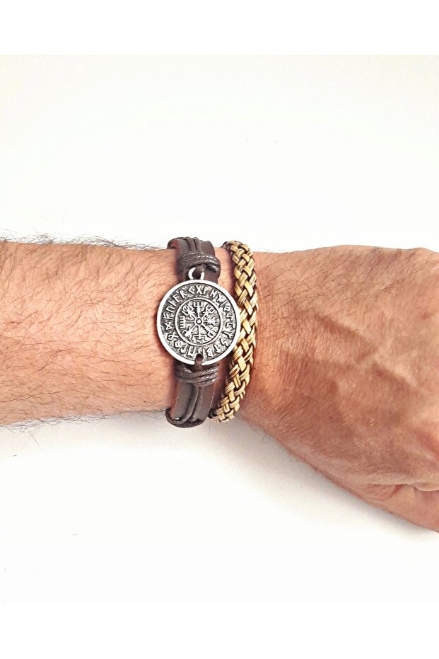 Compass Vegvisir Design 2-Pack Fashionable Genuine Leather Bracelets