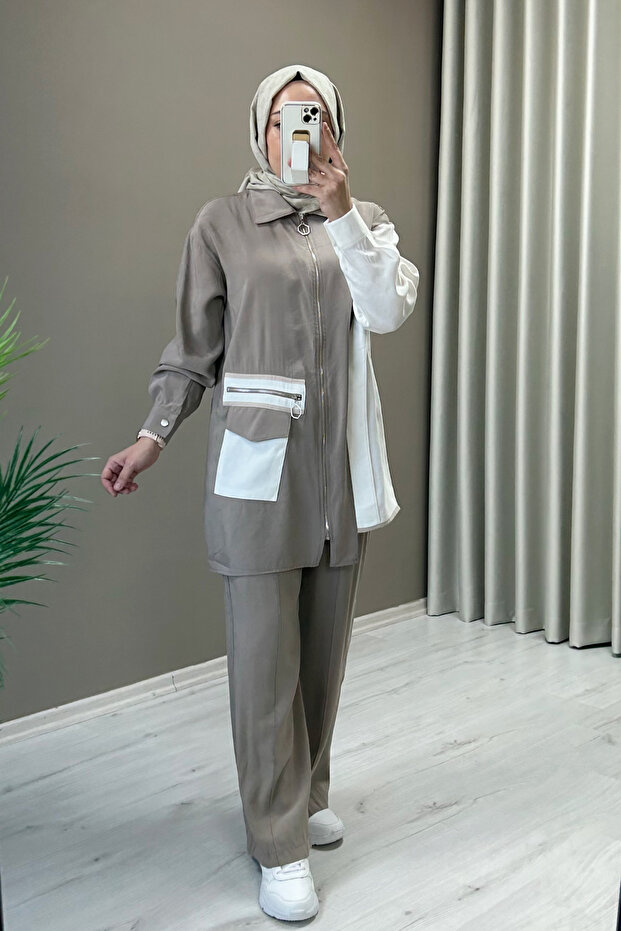 Cupra Fabric Asymmetric Cut Zipper and Pocket Detailed Double Hijab Suit