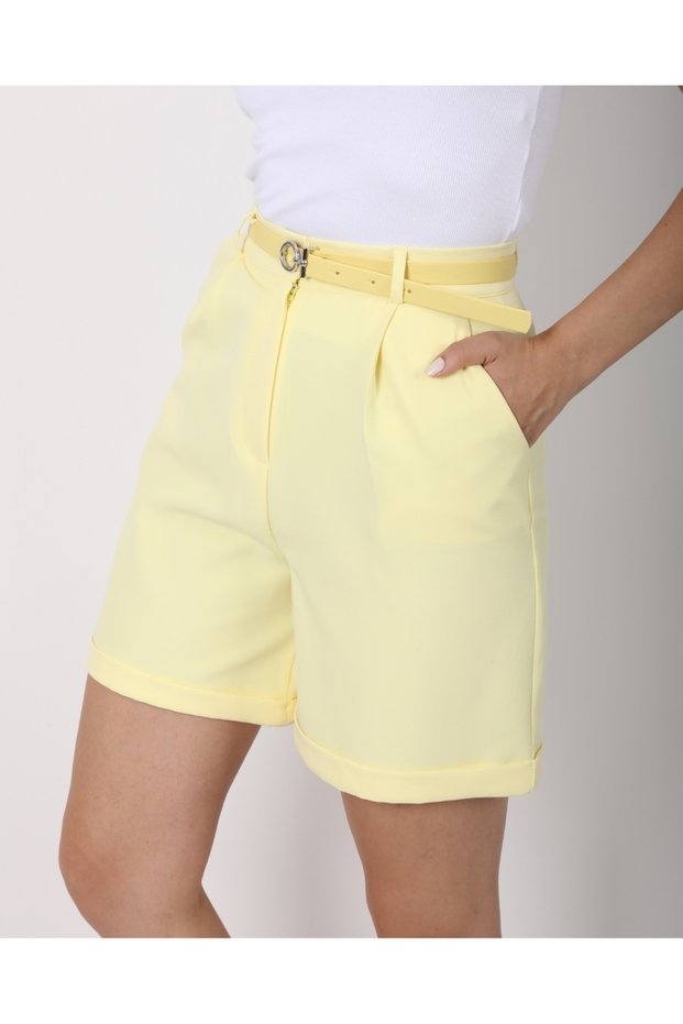 Women's Yellow Pleated High Waist Belted City Boy Shorts