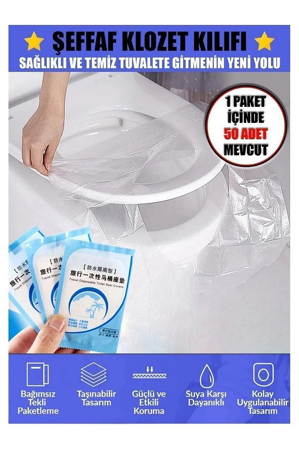 50 Adet Tek Kullanımlık Klozet Kapağı Kullan At Şeffaf Klozet Kapağı Kılıfı - 3