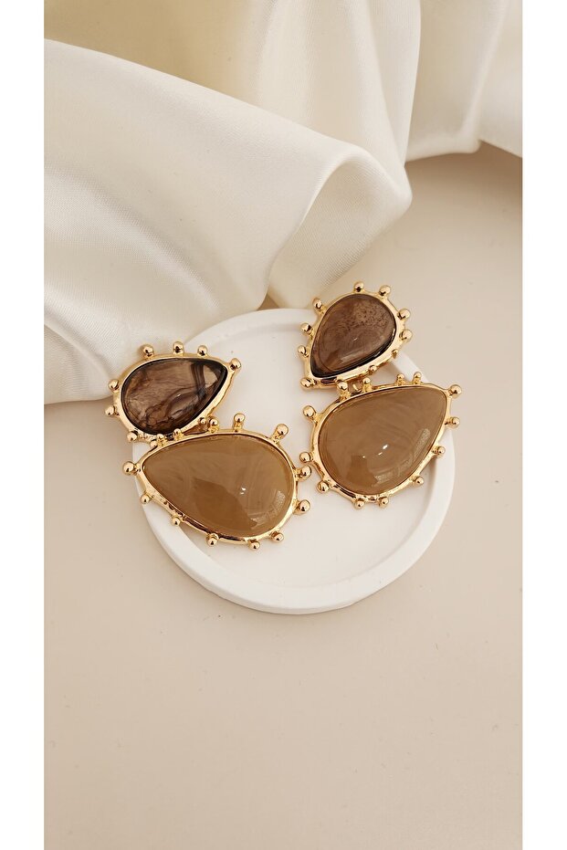 Brown Stone Studded Dangle Steel Stainless Earrings