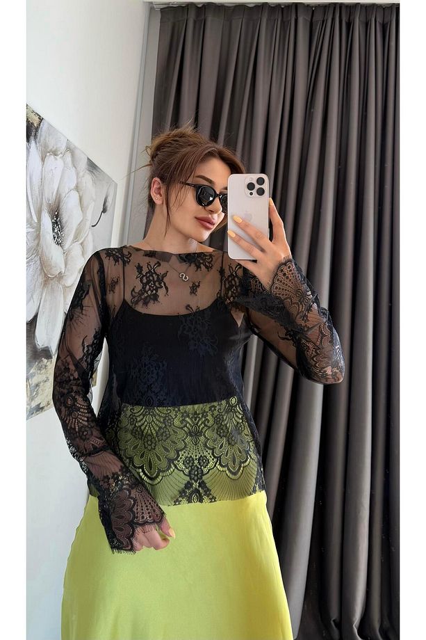 Regular Fit Kayık Yaka Dantel Esnek Örme Siyah - 2