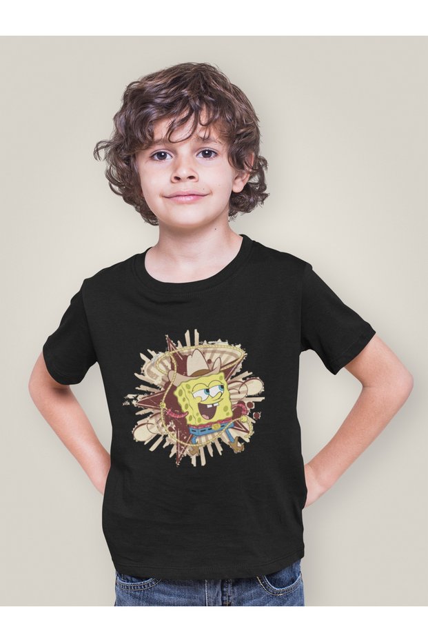 Cowboy Spongebob Printed Unisex Cartoon Children's T-Shirt (1-12 Years)