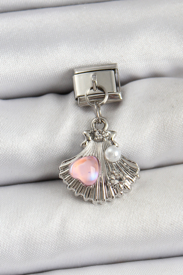 316L Steel Dangle Pearl Detail Oyster Model Silver Color Nomination Charm
