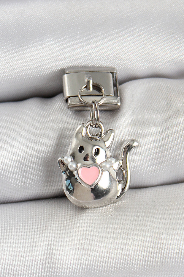 316L Steel Dangle Heart Detailed Cat Model Silver Color Nomination Charm