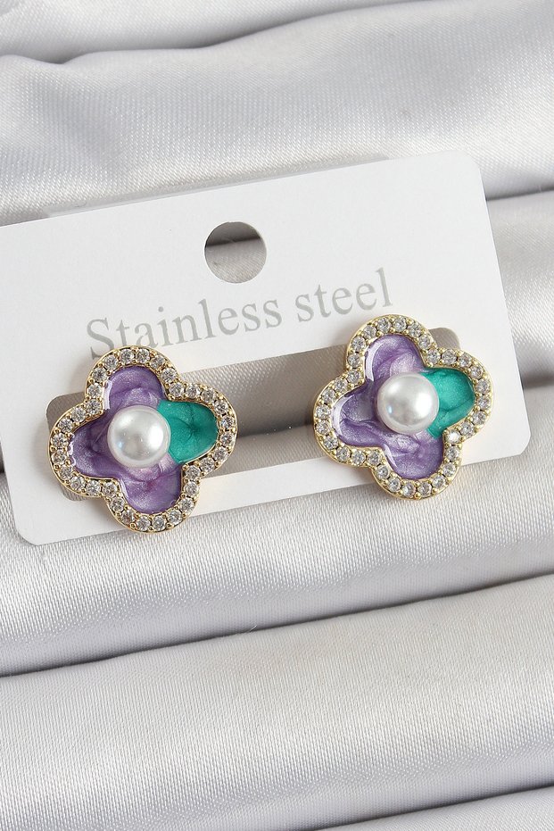 Brass Purple Enamel Pearl Detailed Zircon Stone Artistic Portrait Clover Model Gold Color Women's Earrings