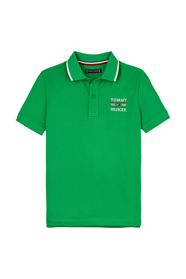 تي شيرت بولو بأكمام قصيرة ومطرز بعلم أخضر لامع للأولاد من تومي هيلفيغر - 3