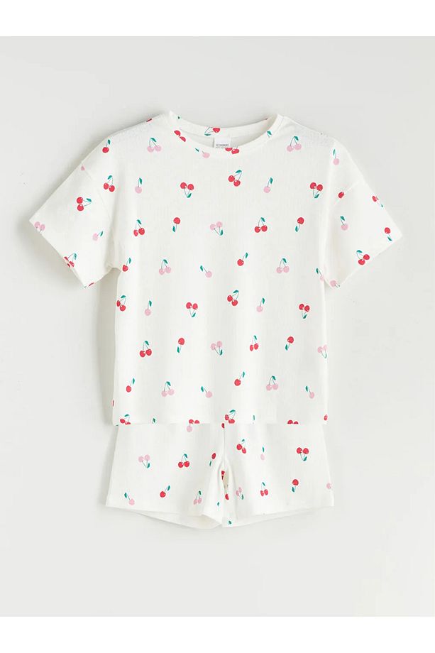 LCW Kids Ekru Bisiklet Yaka Kız Çocuk Şortlu Pijama Takımı - 1