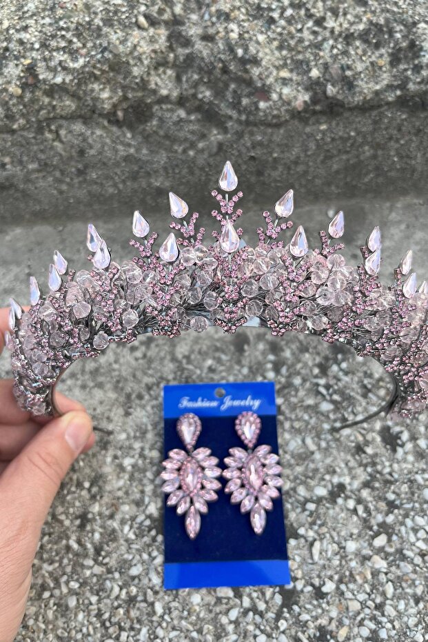 Belicia Pink Bridal Henna Crown Special Occasion Accessory Women's Crown and Thin Shuttle Earrings Set