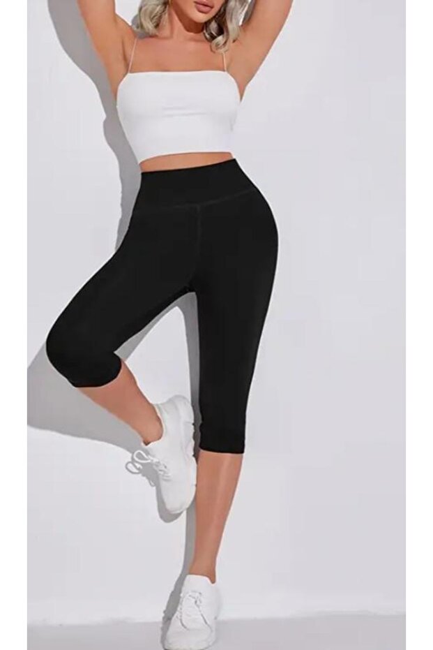 Diver Fabric Black Below Knee Capri Boy High Waist Tummy Control Sports Leggings