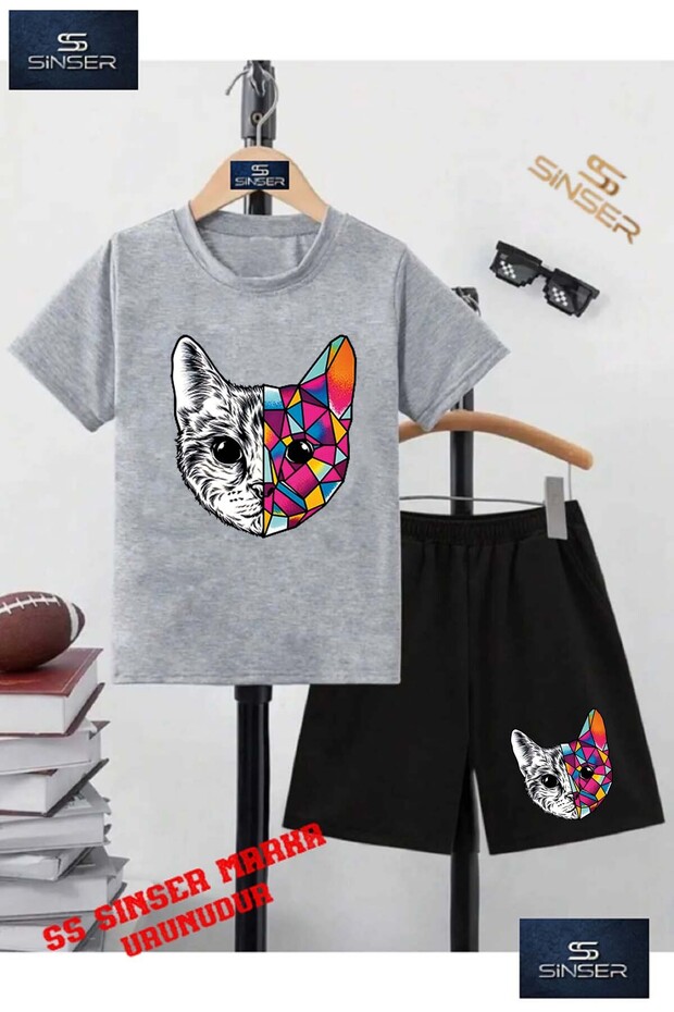 Children's “Cat Geometric“ Special Printed Crew Neck T-Shirt - Shorts Set