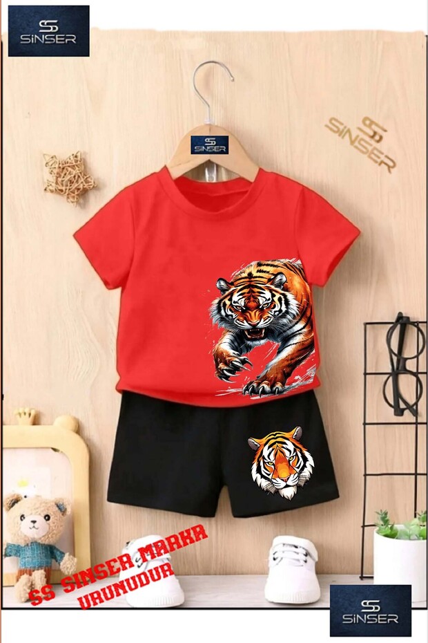 Children's “Tiger Firewood Claws“ Custom Printed Crew Neck T-Shirt - Shorts Set