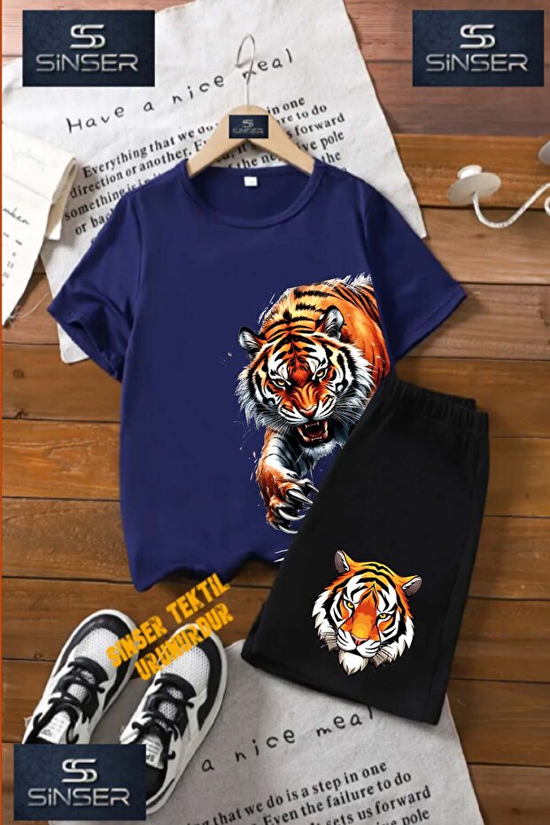 Children's “Tiger Firewood Claws“ Custom Printed Crew Neck T-Shirt - Shorts Set