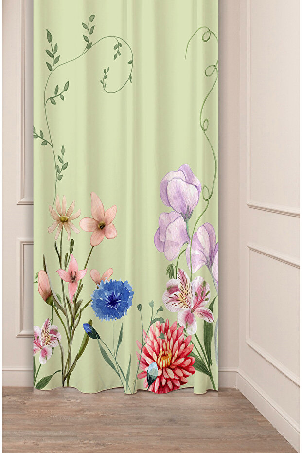 Bohemian Flowers Leaf Beige Cream Patterned Special Design Digital Printed (Single Wing) Modern Background Curtain