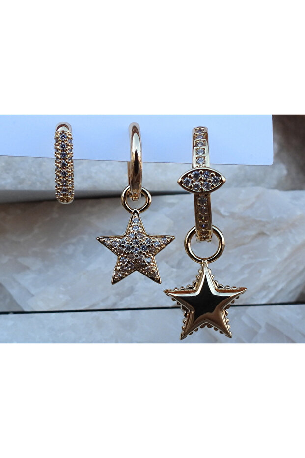 Set of 3 Steel Earring Models with Zircon & Baguette Stones