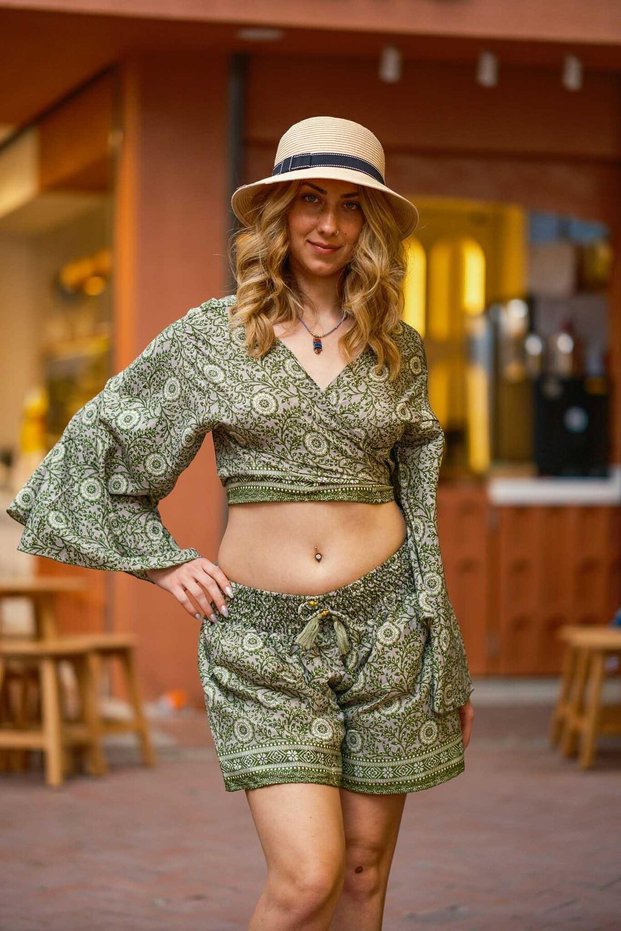 Khaki Leaf Patterned Silk Shorts Crop Set