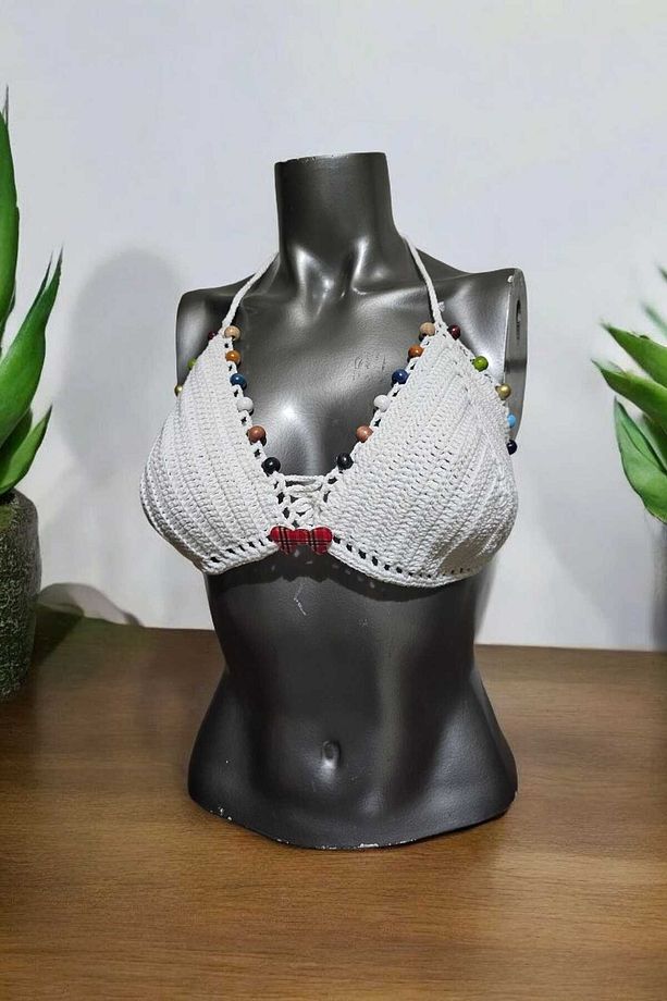 El Örgüsü Ahşap Boncuklu Bikini Üstü - 3