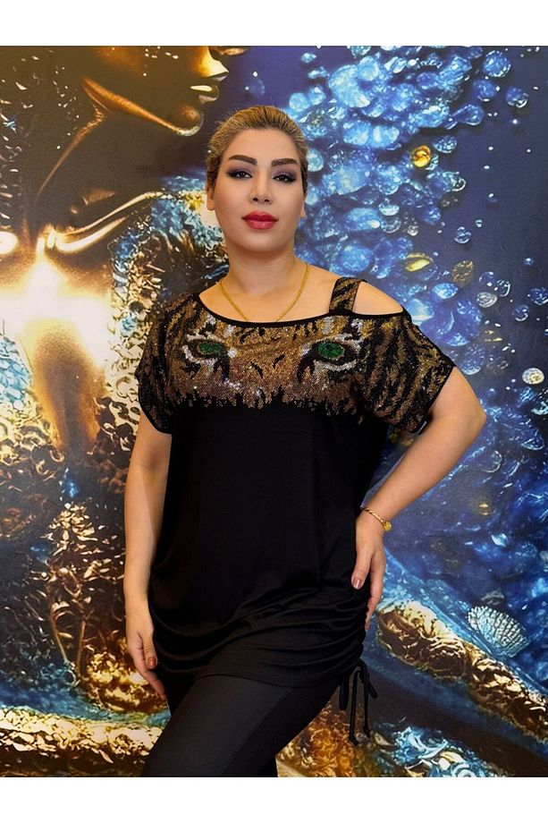 Taşli bluz,Leopar desenli,Pamuk ipliği,Açık omuz,Tek askılı omuz askısı,Abiye,Taşli işlemeli,siyah - 5