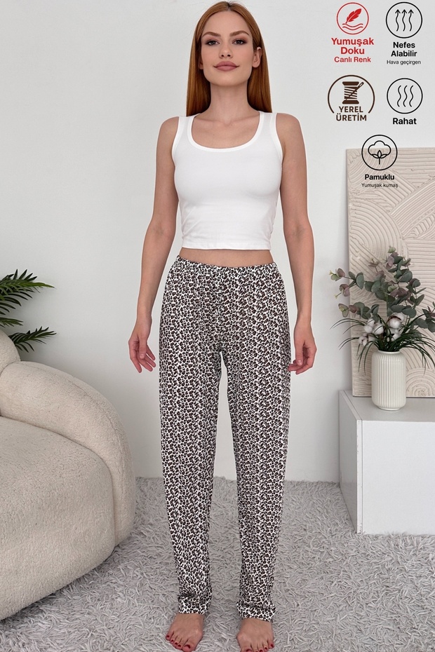Women's Plus Size Single Jersey Breathable Fabric Printed Pocketless Comfortable Home Wear Pajama Bottoms