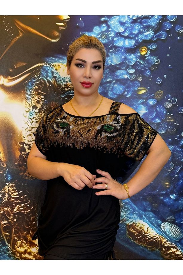 Taşli bluz,Leopar desenli,Pamuk ipliği,Açık omuz,Tek askılı omuz askısı,Abiye,Taşli işlemeli,siyah - 3