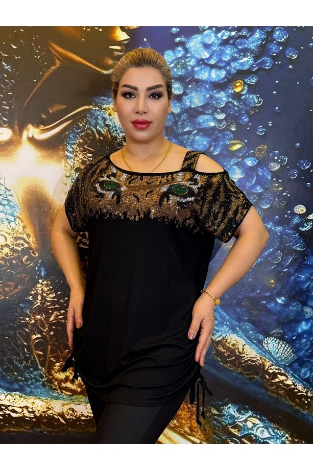 Taşli bluz,Leopar desenli,Pamuk ipliği,Açık omuz,Tek askılı omuz askısı,Abiye,Taşli işlemeli,siyah - 6