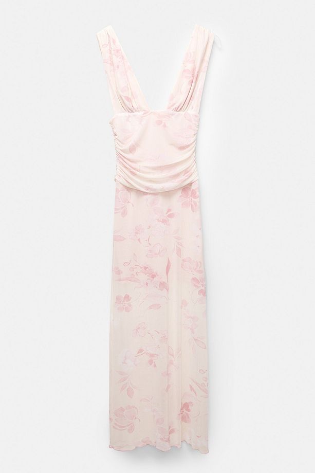 Pembe çiçekli midi elbise - 7