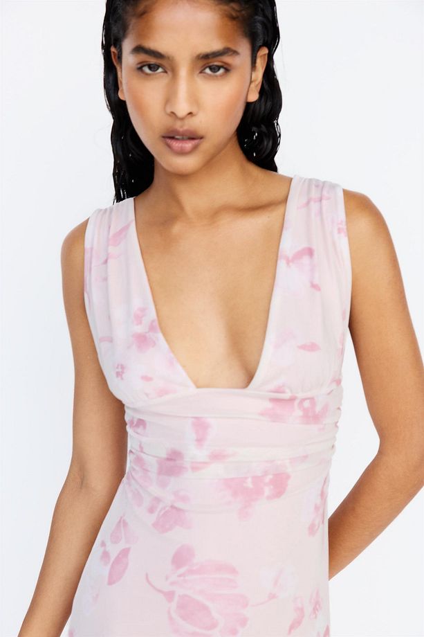 Pembe çiçekli midi elbise - 6