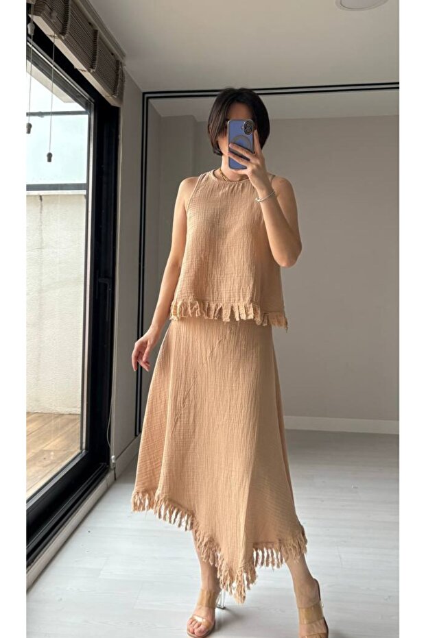 Fringed Hem Sleeveless 100% Cotton Blouse