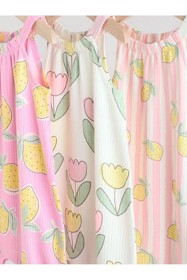 % 100 Pamuklu Soft Pembe limon Baskılı 3'lü Romper Set - 3