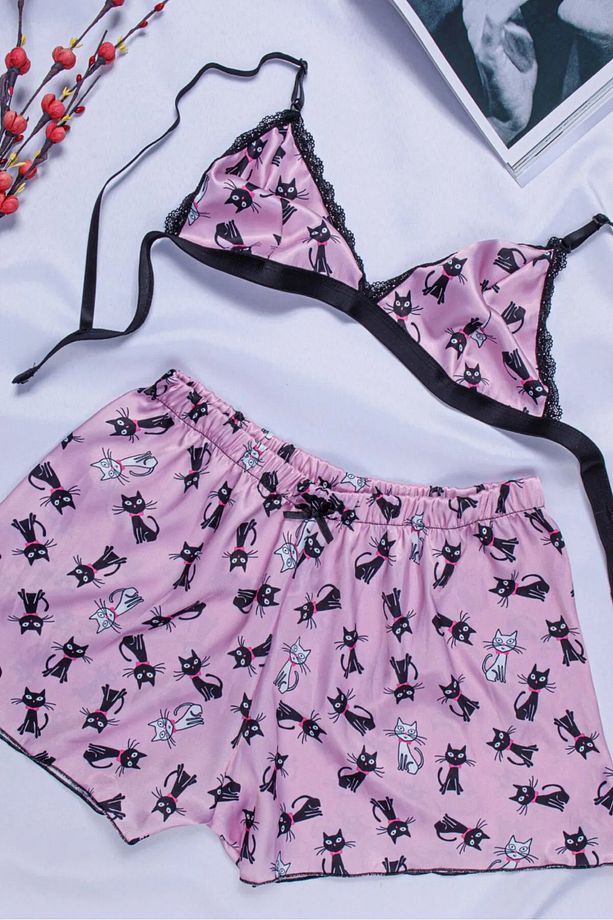 Kedi Desenli Saten Şortlu Pijama Takımı - 1