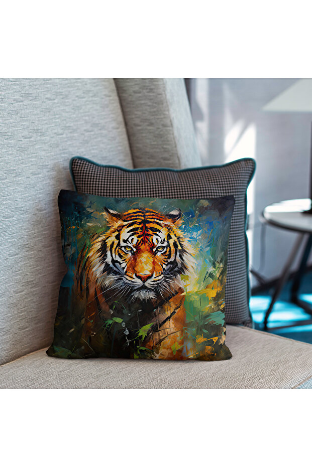Realistic Scenic Nature Themed Digital Printed Throw Pillow with Tiger Figure - Pillow Case