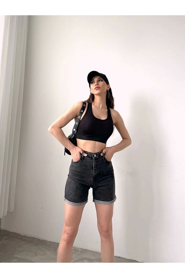 Duble Paça Yıkamalı Denim Şort - 4