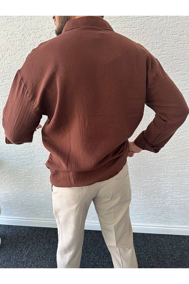 Erkek Oversize Müslin Kumaş %100 Pamuk Uzun Kol Gömlek - 3