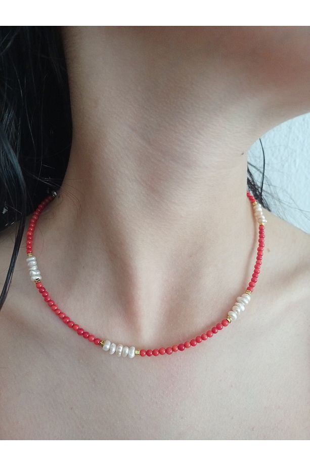 3 mm mercimek mercan , 3 mm rondela rose kum inci tasarım kolye - 4
