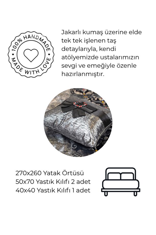 Siyah Taş İşlemeli Çift Kişilik Yatak Örtüsü Takımı 260x270 ve 3 Adet Yastık - 3