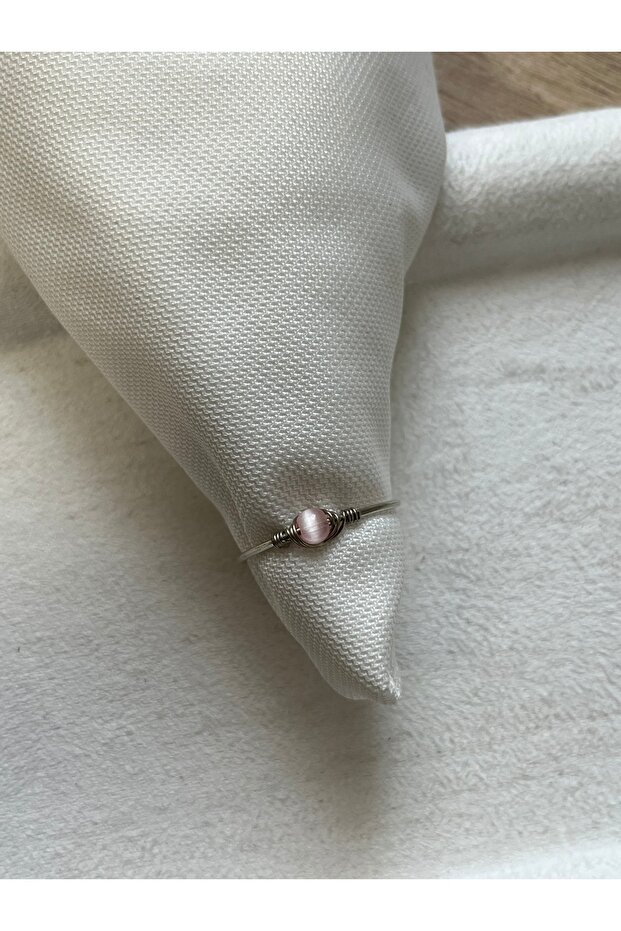 Minimal Pink Cat Eye Adjustable Silver Color Wire Ring